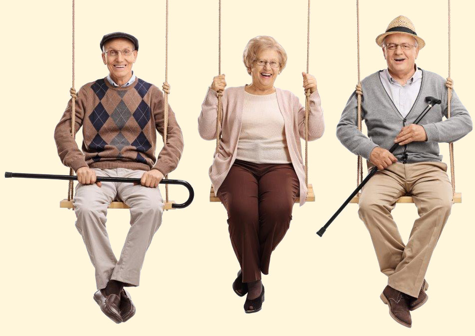 two senior men and one senior woman having fun in playground swings