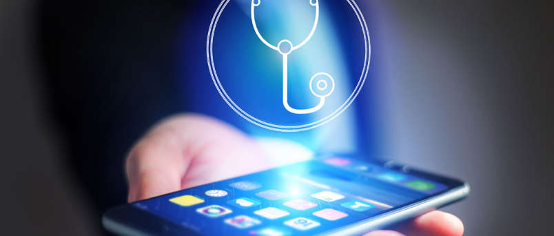 a holographic projection from a phone showing a stethoscope icon