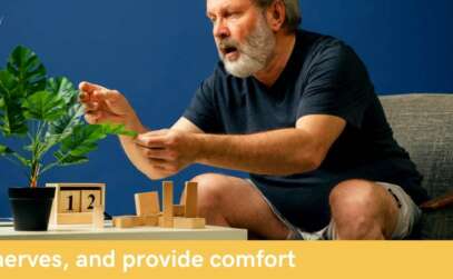 senior man with plant and blocks for sensory therapy for alzheimers